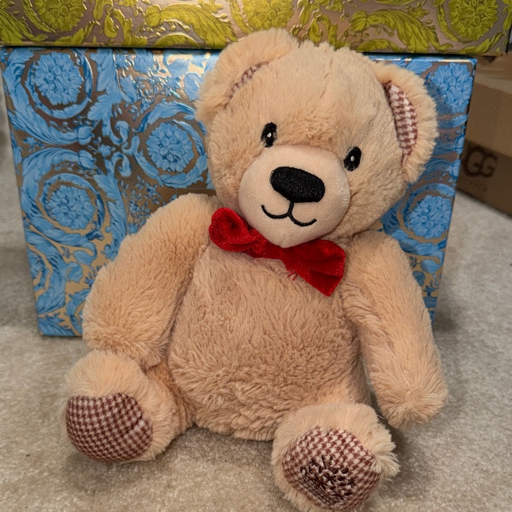 Adorable Tan Teddy Bear with Red Bow